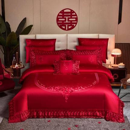 91家纺网 家纺一手货源 找家纺 （总）美娘阁 2025新款长绒棉贡缎提花款新中式古典韵味精美刺绣婚庆四件套多件套