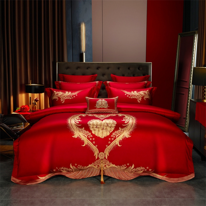 91家纺网 家纺一手货源 找家纺 美娘阁 2025新款长绒棉贡缎新中式古典韵味精美刺绣婚庆四件套多件套系列 玫瑰恋人（金）