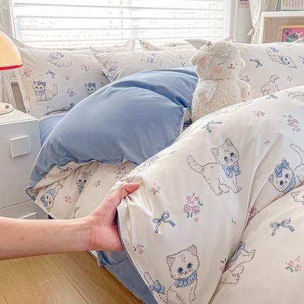 91家纺网 家纺一手货源 找家纺 楠沐家纺 （套件）2025新款亲肤芦荟棉美棉磨毛印花四件套(第二批) 猫咪小姐