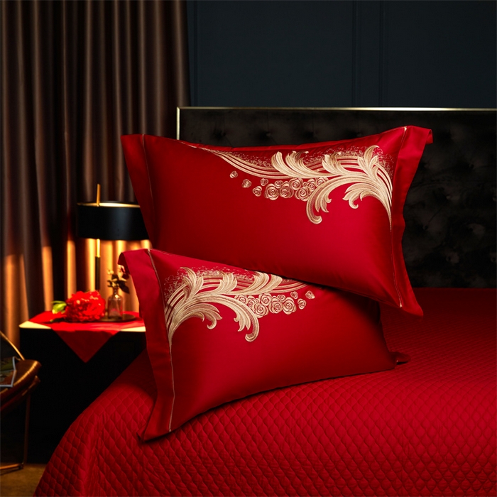 91家纺网 家纺一手货源 找家纺 美娘阁 2025新款长绒棉贡缎新中式古典韵味精美刺绣婚庆四件套多件套系列 玫瑰恋人（金）