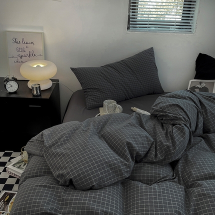 2024新款A类全棉纯棉纯色双拼色织水洗棉四件套 小灰格