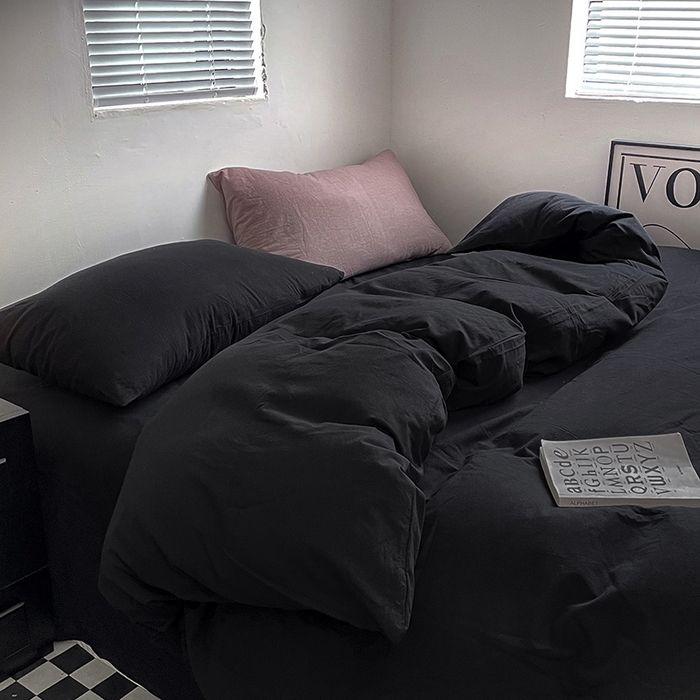 91家纺网 家纺一手货源 找家纺 2024新款A类全棉纯棉纯色双拼色织水洗棉四件套 黑色