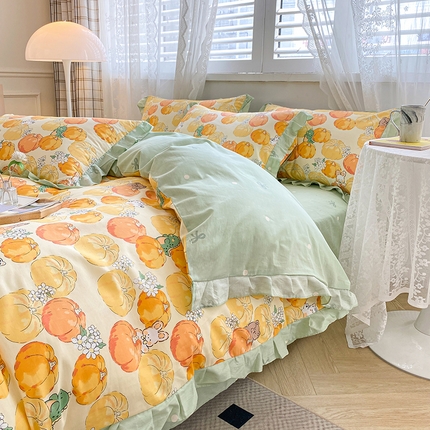 宇彬家纺 2024直播新款13372全棉纯棉韩版刺绣花边和印花花边床单床笠款四件套和单被套喷气清新 印花花边-南瓜乐园
