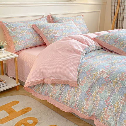 宇彬家纺 2024直播新款13372全棉纯棉韩版刺绣花边和印花花边床单床笠款四件套和单被套喷气清新 刺绣花边-秋日花圃