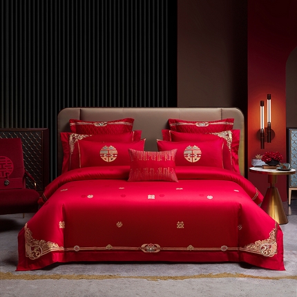 91家纺网 家纺一手货源 找家纺 （总）美娘阁 2025新款长绒棉贡缎提花款新中式古典韵味精美刺绣婚庆四件套多件套