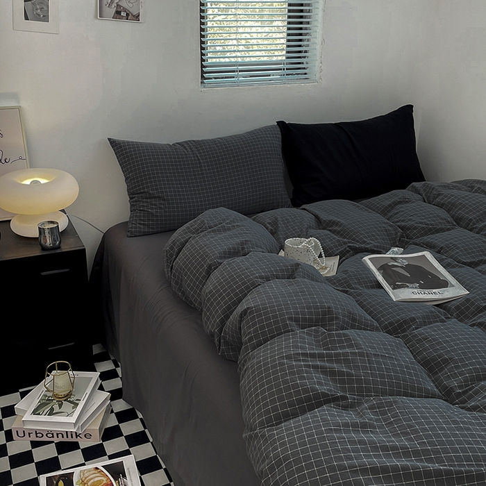 91家纺网 家纺一手货源 找家纺 2024新款A类全棉纯棉纯色双拼色织水洗棉四件套 小灰格