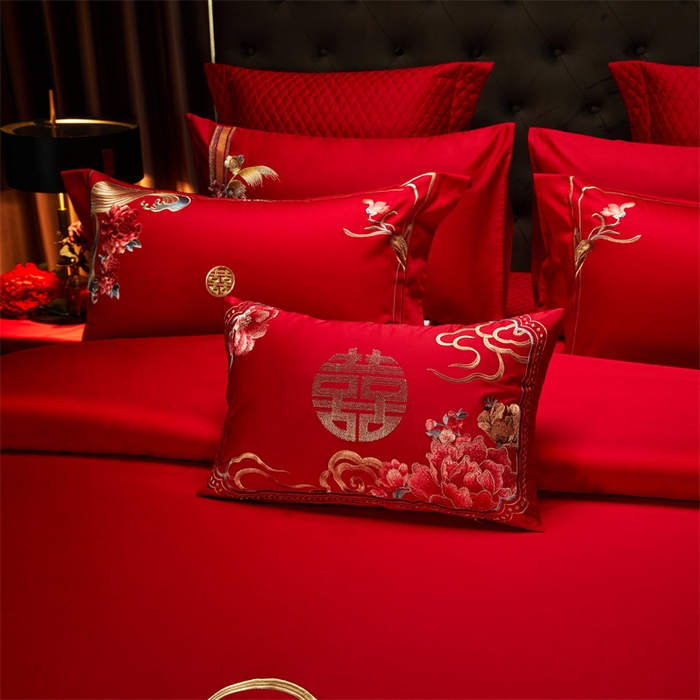 91家纺网 家纺一手货源 找家纺 美娘阁 2025新款长绒棉贡缎新中式古典韵味精美刺绣婚庆四件套多件套系列 相伴一生
