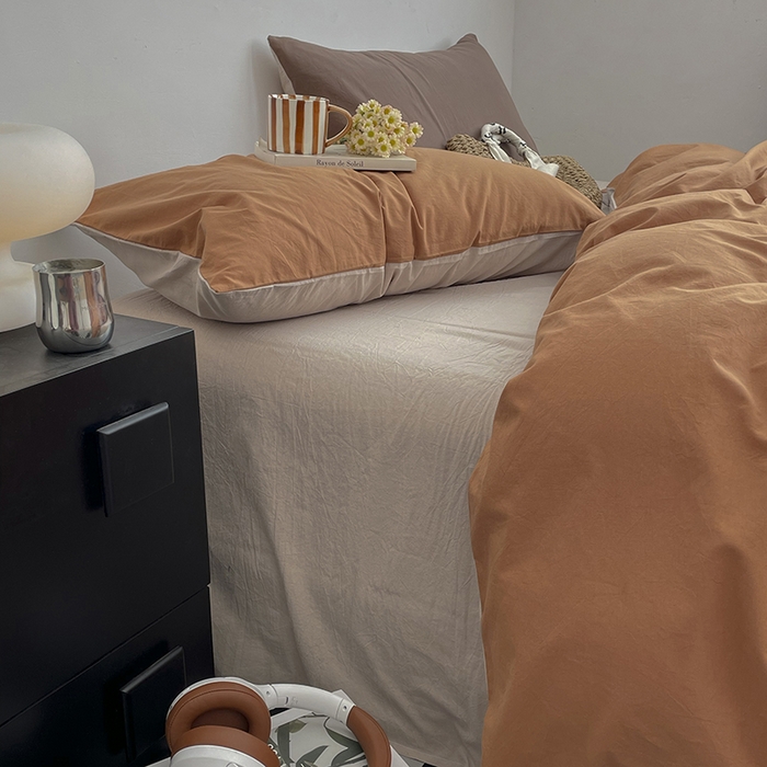 91家纺网 家纺一手货源 找家纺 2024新款A类全棉纯棉纯色双拼色织水洗棉四件套 南瓜拼卡其