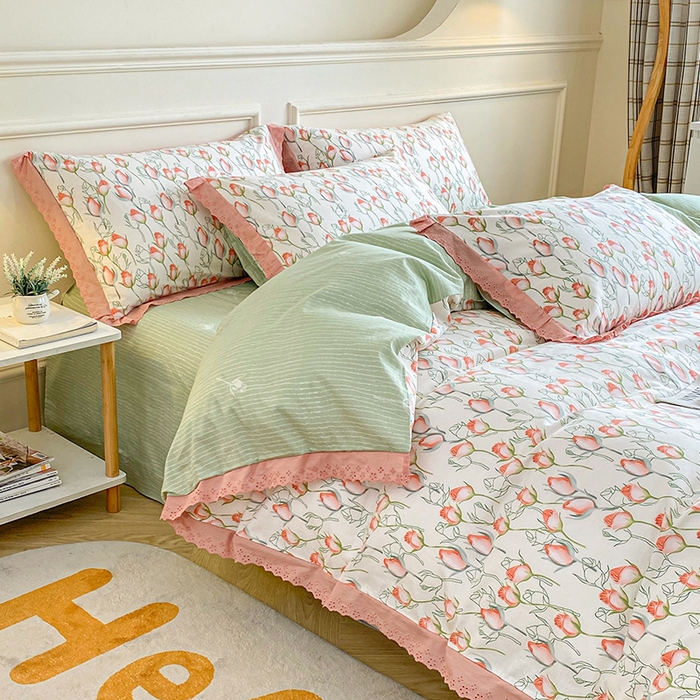 91家纺网 家纺一手货源 找家纺 宇彬家纺 2024直播新款13372全棉纯棉韩版刺绣花边和印花花边床单床笠款四件套和单被套喷气清新 刺绣花边-南茜花园