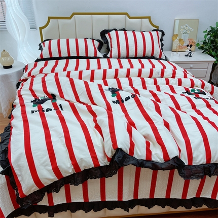 91家纺网 家纺一手货源 找家纺 暖居 2024新款砂洗棉花被套全棉床盖四件套绗缝夹棉纯棉床盖三件套条纹猫