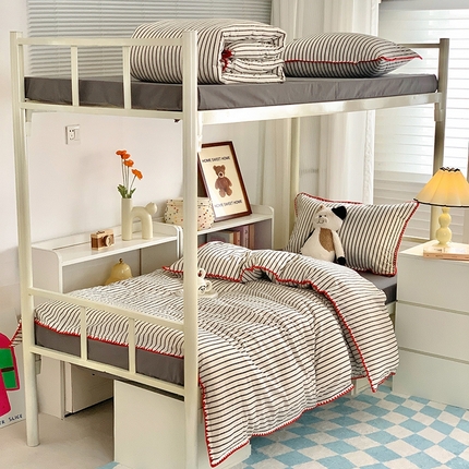 莱茵家居 2024新款A类全棉色织水洗棉贝壳边三件套 玫红黑细条