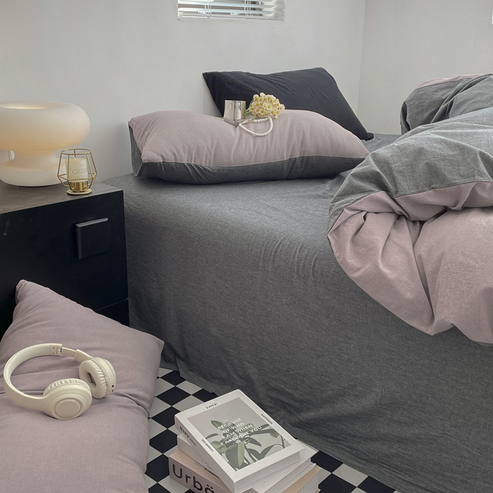 91家纺网 家纺一手货源 找家纺 2024新款A类全棉纯棉纯色双拼色织水洗棉四件套 豆沙拼深灰