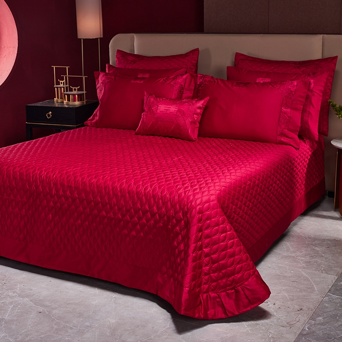 91家纺网 家纺一手货源 找家纺 美娘阁 2025新款长绒棉贡缎新中式古典韵味精美刺绣婚庆四件套多件套系列 家大业大（酒红色）