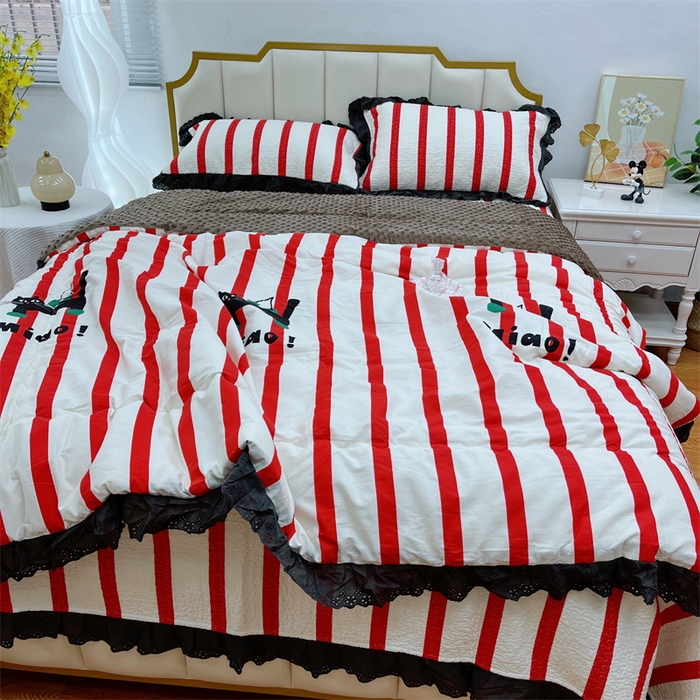 91家纺网 家纺一手货源 找家纺 暖居 2024新款豆豆被四件套棉花床盖三件套四季通用条纹猫