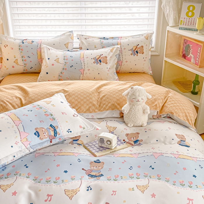 91家纺网 家纺一手货源 找家纺 楠沐家纺 （套件）2025新款亲肤芦荟棉美棉磨毛印花四件套(第二批) 派对熊