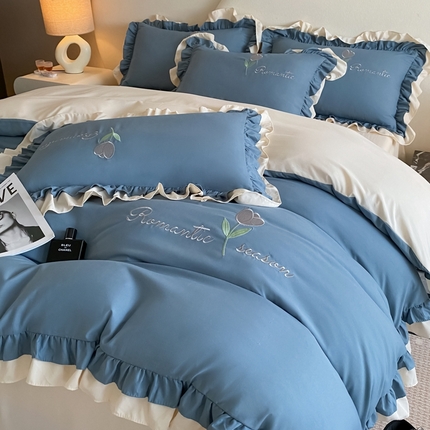 91家纺网 家纺一手货源 找家纺 （总）索飞特家纺 2025新款水洗棉刺绣双层边四件套（情深）