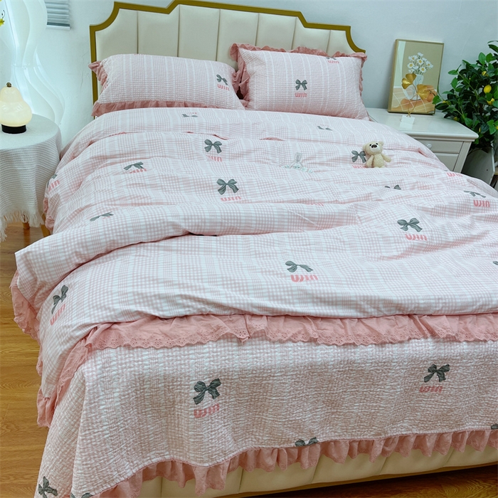 91家纺网 家纺一手货源 找家纺 暖居 2024新款砂洗棉花被套全棉床盖四件套绗缝夹棉纯棉床盖三件套蝴蝶结