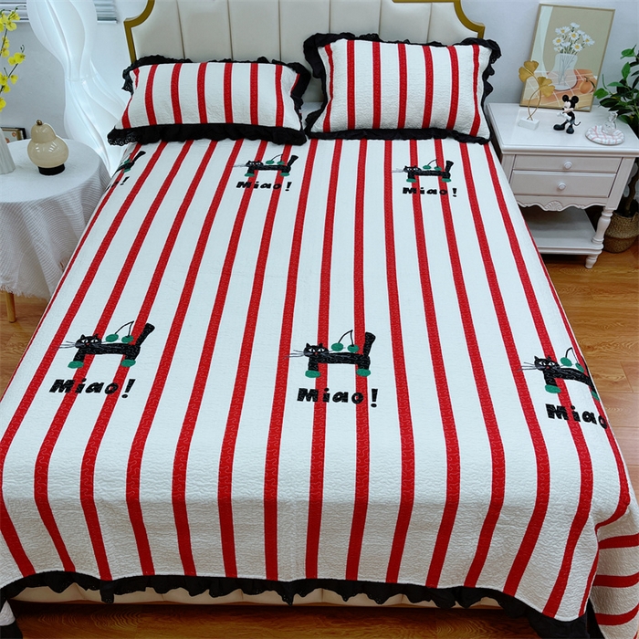 91家纺网 家纺一手货源 找家纺 暖居 2024新款砂洗棉花被套全棉床盖四件套绗缝夹棉纯棉床盖三件套条纹猫