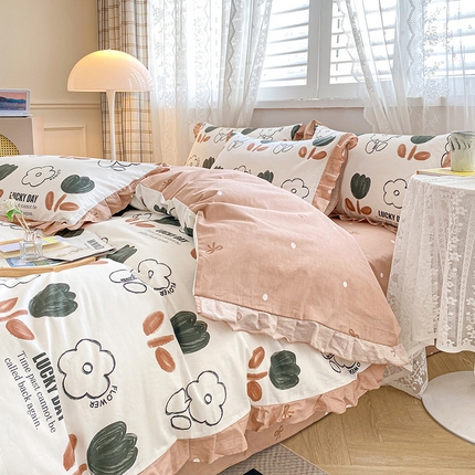 91家纺网 家纺一手货源 找家纺 宇彬家纺 2024直播新款13372全棉纯棉韩版刺绣花边和印花花边床单床笠款四件套和单被套喷气清新 印花花边-奈雪
