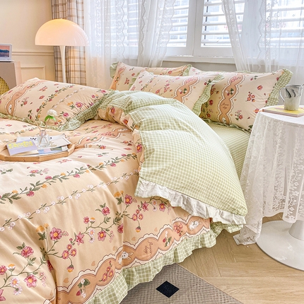宇彬家纺 2024直播新款13372全棉纯棉韩版刺绣花边和印花花边床单床笠款四件套和单被套喷气清新 印花花边-北海恋人