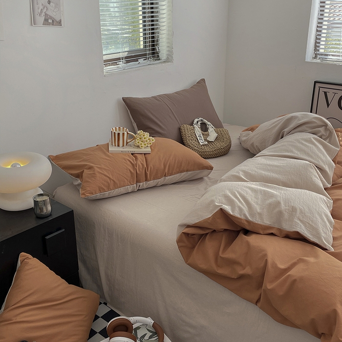 91家纺网 家纺一手货源 找家纺 2024新款A类全棉纯棉纯色双拼色织水洗棉四件套 南瓜拼卡其