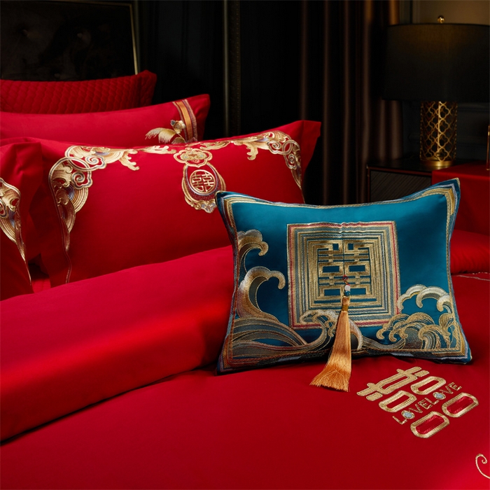 91家纺网 家纺一手货源 找家纺 美娘阁 2025新款长绒棉贡缎新中式古典韵味精美刺绣婚庆四件套多件套系列 龙凤喜事