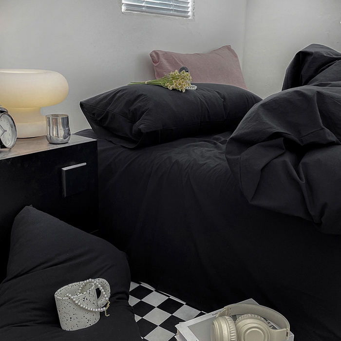 91家纺网 家纺一手货源 找家纺 2024新款A类全棉纯棉纯色双拼色织水洗棉四件套 黑色