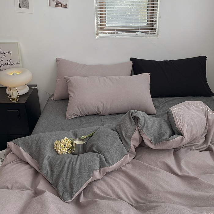 91家纺网 家纺一手货源 找家纺 2024新款A类全棉纯棉纯色双拼色织水洗棉四件套 豆沙拼深灰