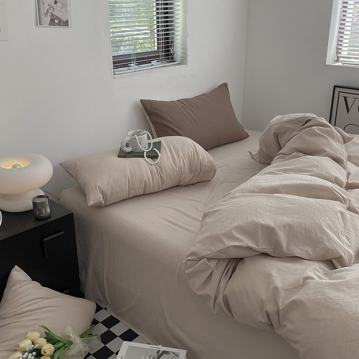 91家纺网 家纺一手货源 找家纺 2024新款A类全棉纯棉纯色双拼色织水洗棉四件套 卡其