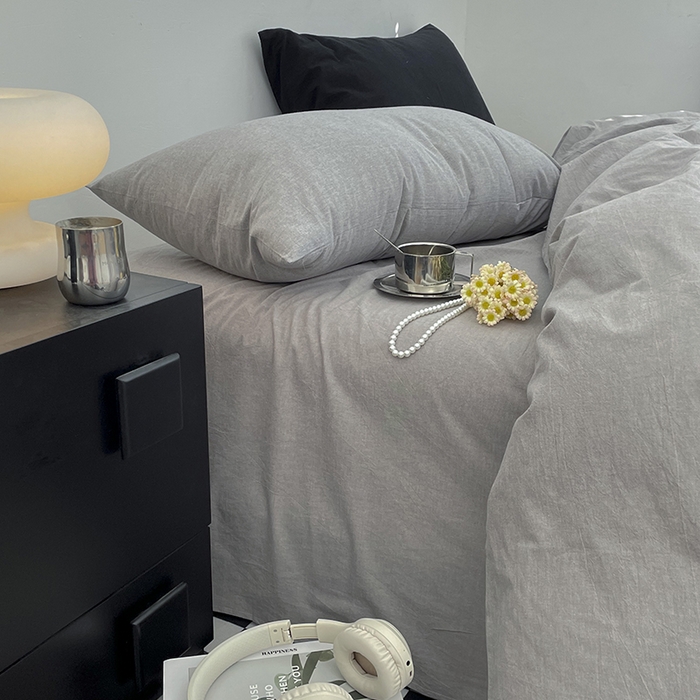 91家纺网 家纺一手货源 找家纺 2024新款A类全棉纯棉纯色双拼色织水洗棉四件套 浅灰色