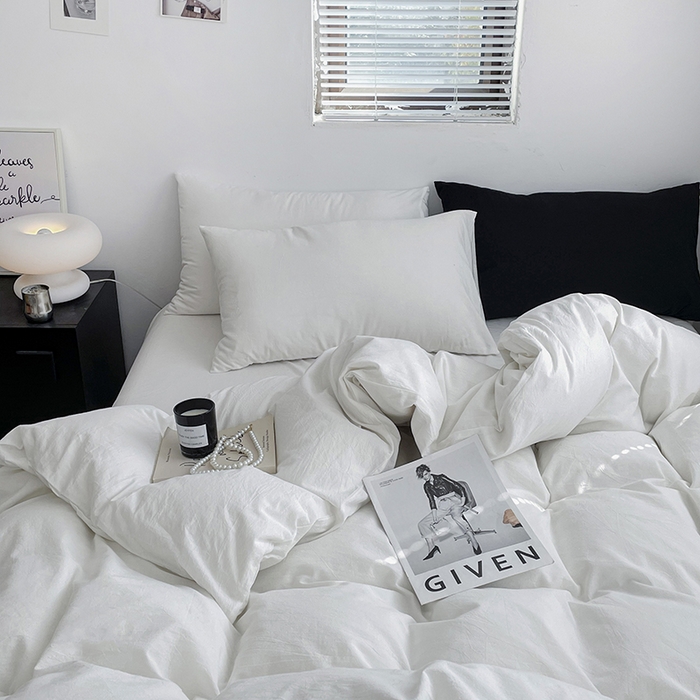 91家纺网 家纺一手货源 找家纺 2024新款A类全棉纯棉纯色双拼色织水洗棉四件套 雅白