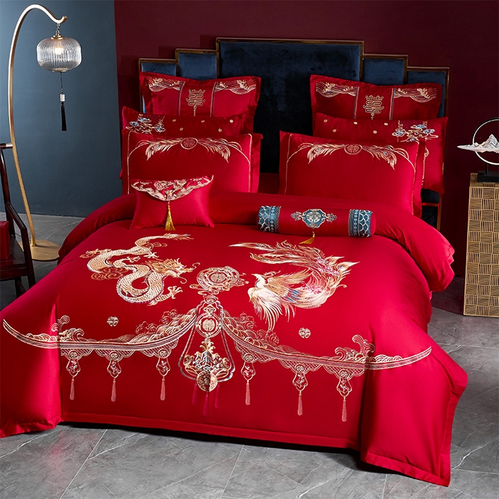 91家纺网 家纺一手货源 找家纺 振翼 2025新款40s全棉丝光喷气婚庆四件套多件套1 龙凤之恋