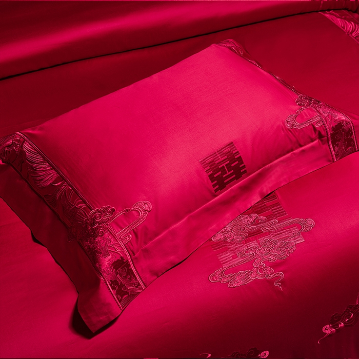 91家纺网 家纺一手货源 找家纺 美娘阁 2025新款长绒棉贡缎新中式古典韵味精美刺绣婚庆四件套多件套系列 家大业大（酒红色）