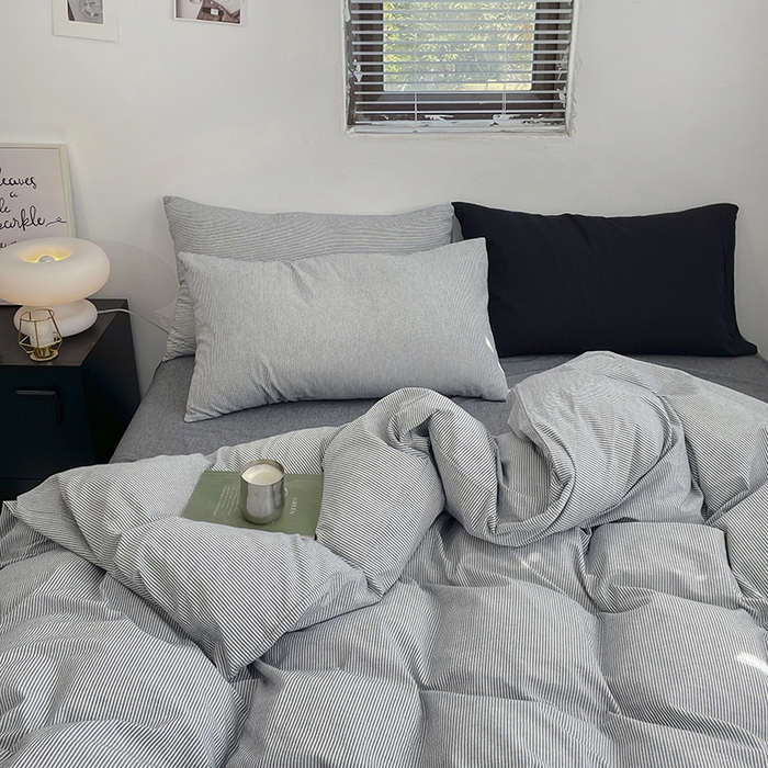 91家纺网 家纺一手货源 找家纺 2024新款A类全棉纯棉纯色双拼色织水洗棉四件套 深灰密条