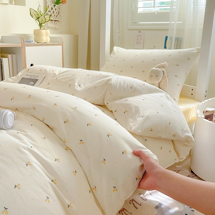 Mr.pig猪先生水洗棉 2024新款A类小清新全棉四件套纯棉床单被套床笠学生宿舍三件套床床上用品 黄樱桃