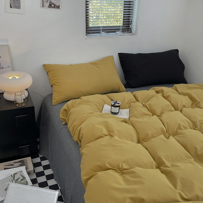 91家纺网 家纺一手货源 找家纺 2024新款A类全棉纯棉纯色双拼色织水洗棉四件套 姜黄拼深灰