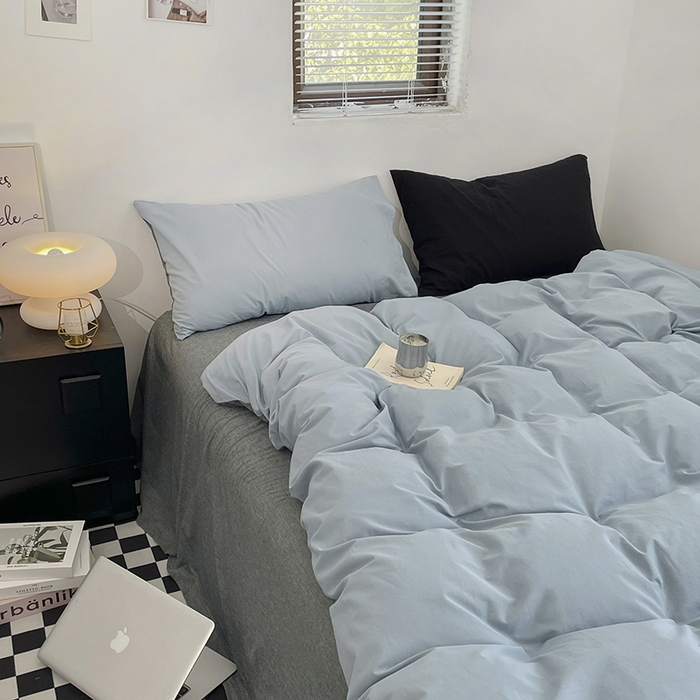 91家纺网 家纺一手货源 找家纺 2024新款A类全棉纯棉纯色双拼色织水洗棉四件套 雾蓝拼深灰