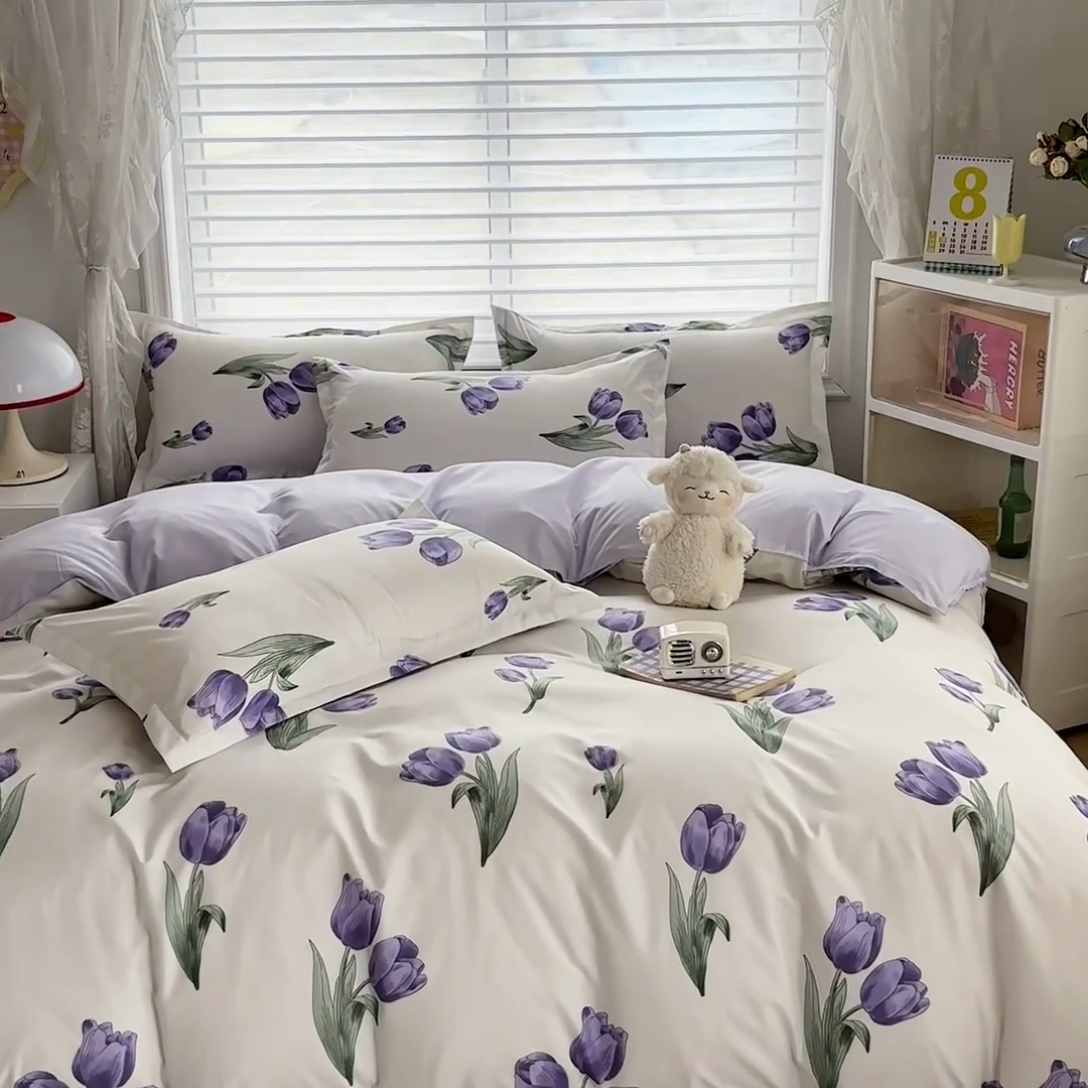 91家纺网 家纺一手货源 找家纺 楠沐家纺 （套件）2025新款亲肤芦荟棉美棉磨毛印花四件套(第二批) 紫悦