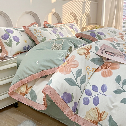 91家纺网 家纺一手货源 找家纺 （总）宇彬家纺 2024直播新款13372全棉纯棉韩版刺绣花边和印花花边床单床笠款四件套和单被套喷气清新