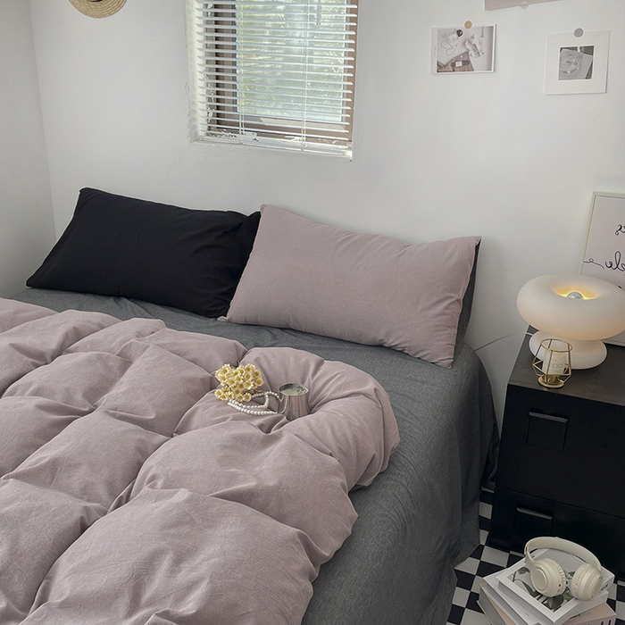 91家纺网 家纺一手货源 找家纺 2024新款A类全棉纯棉纯色双拼色织水洗棉四件套 豆沙拼深灰