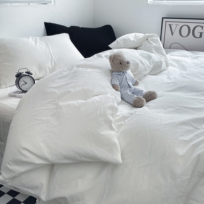 91家纺网 家纺一手货源 找家纺 2024新款A类全棉纯棉纯色双拼色织水洗棉四件套 雅白