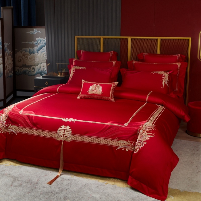 91家纺网 家纺一手货源 找家纺 美娘阁 2025新款长绒棉贡缎新中式古典韵味精美刺绣婚庆四件套多件套系列 缘定三生（金）