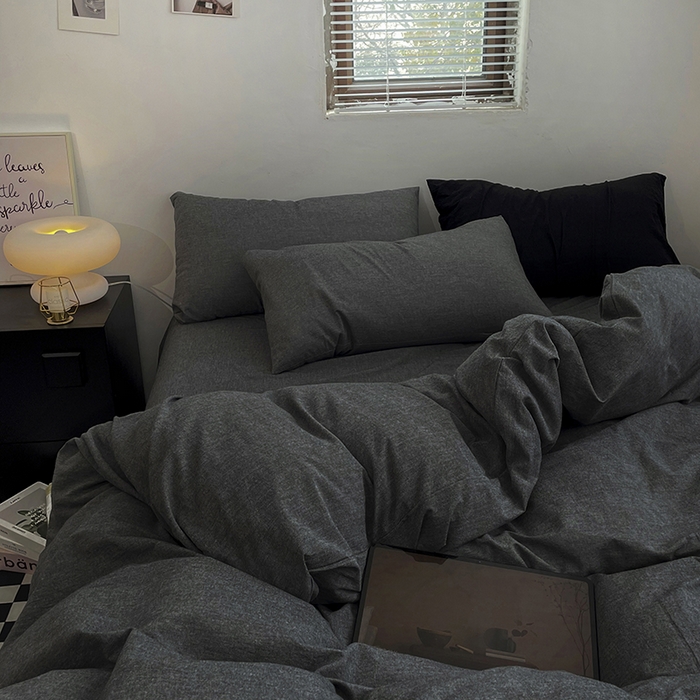 91家纺网 家纺一手货源 找家纺 2024新款A类全棉纯棉纯色双拼色织水洗棉四件套 深灰色