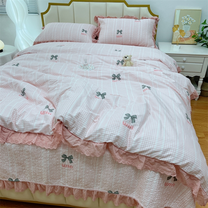 91家纺网 家纺一手货源 找家纺 暖居 2024新款砂洗棉花被套全棉床盖四件套绗缝夹棉纯棉床盖三件套蝴蝶结