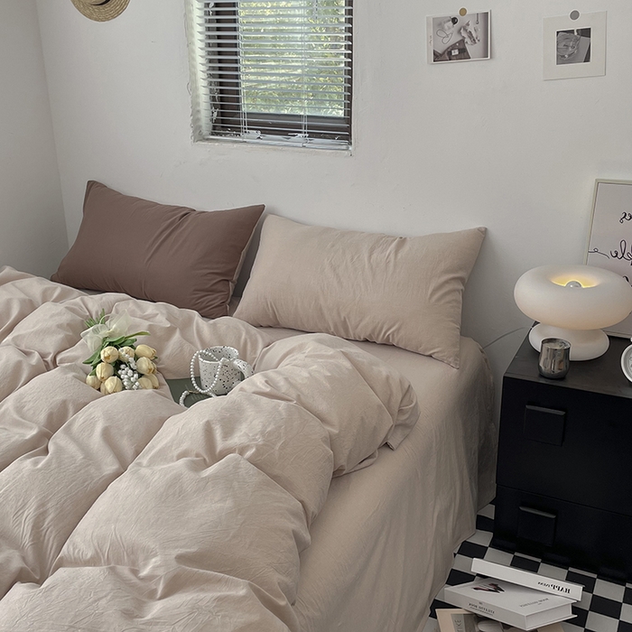 91家纺网 家纺一手货源 找家纺 2024新款A类全棉纯棉纯色双拼色织水洗棉四件套 卡其