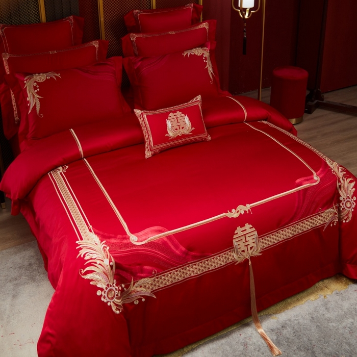 91家纺网 家纺一手货源 找家纺 美娘阁 2025新款长绒棉贡缎新中式古典韵味精美刺绣婚庆四件套多件套系列 缘定三生（金）