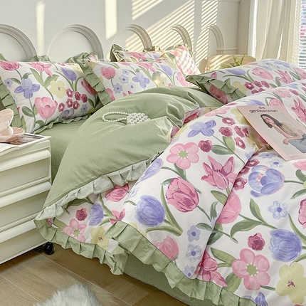 91家纺网 家纺一手货源 找家纺 宇彬家纺 2024直播新款13372全棉纯棉韩版刺绣花边和印花花边床单床笠款四件套和单被套喷气清新 印花花边-朵彩-米