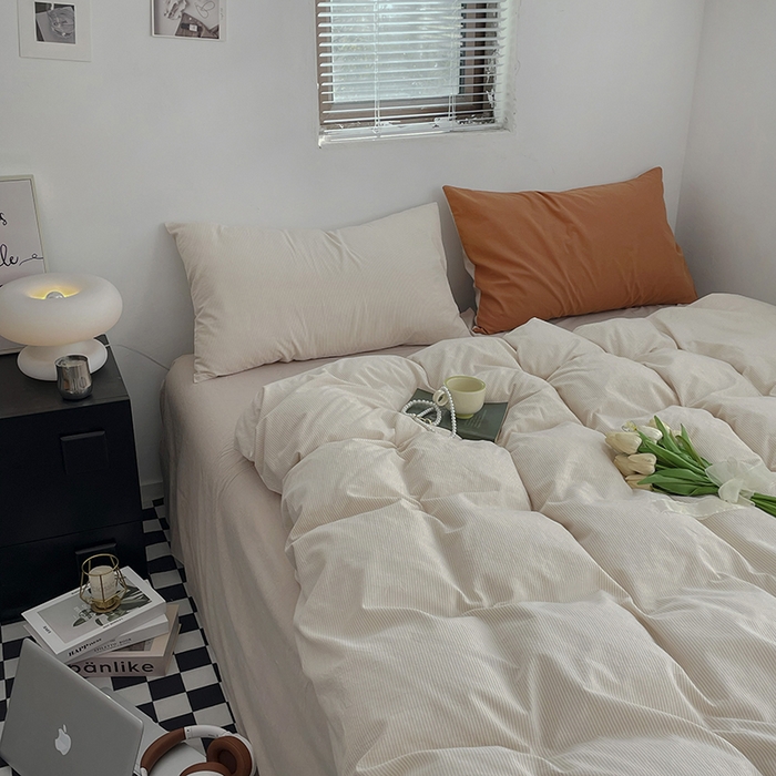 91家纺网 家纺一手货源 找家纺 2024新款A类全棉纯棉纯色双拼色织水洗棉四件套 米密条