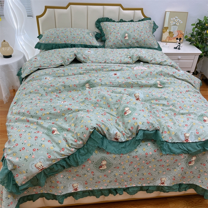 91家纺网 家纺一手货源 找家纺 暖居 2024新款砂洗棉花被套全棉床盖四件套绗缝夹棉纯棉床盖三件套小熊宝绿