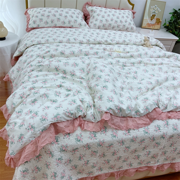 91家纺网 家纺一手货源 找家纺 暖居 2024新款砂洗棉花被套全棉床盖四件套绗缝夹棉纯棉床盖三件套茉莉